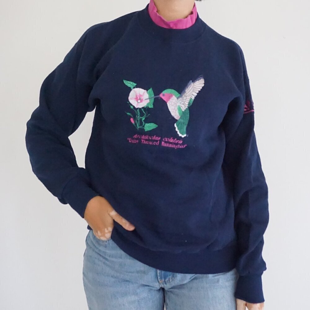 Vintage Lee Navy Hummingbird Flower Embroidered Nature Wildlife Sweatshirt M